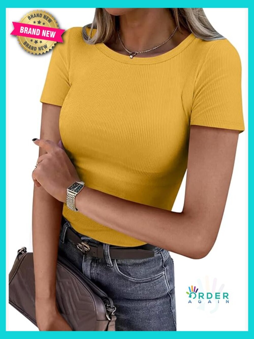 Short Sleeve Crewneck Ribbed Knit Slim Fitted Tee Basic Summer Top - Picture 1 of 7